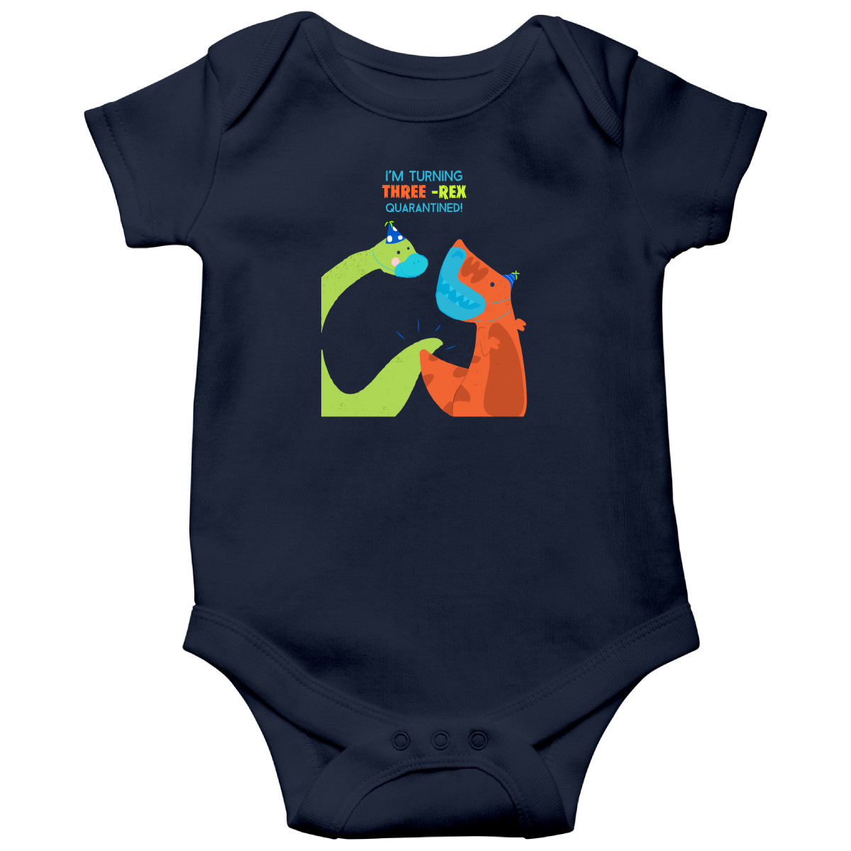 I'm turning three-rex quarantined Baby Bodysuits | Navy