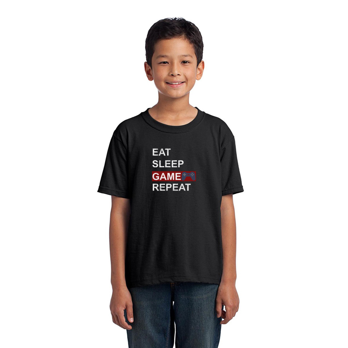 Eat Sleep Game Repeat Kids T-shirt | Black