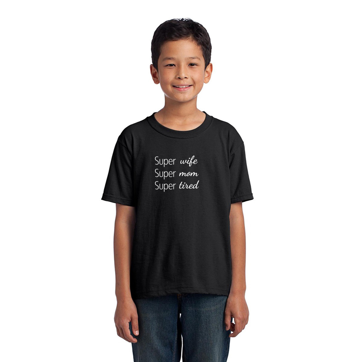 Super Mom Super Wife Super Tired Kids T-shirt | Black