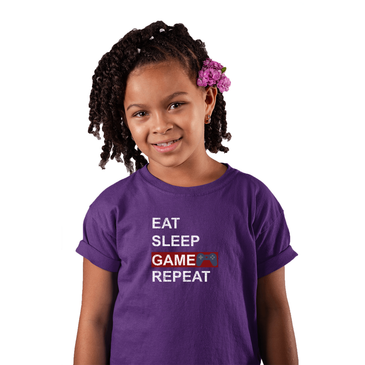 Eat Sleep Game Repeat Kids T-shirt | Purple