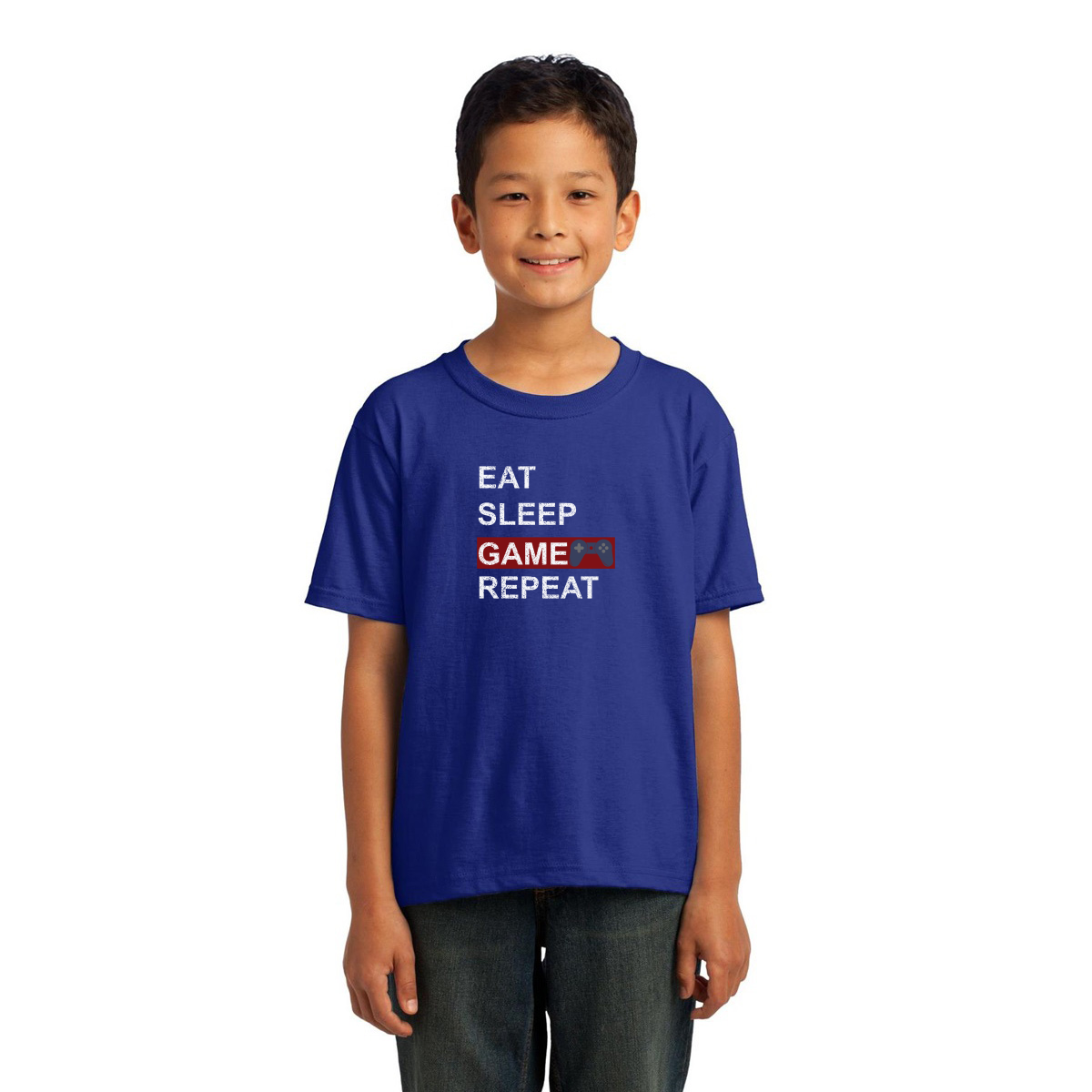 Eat Sleep Game Repeat Kids T-shirt | Blue