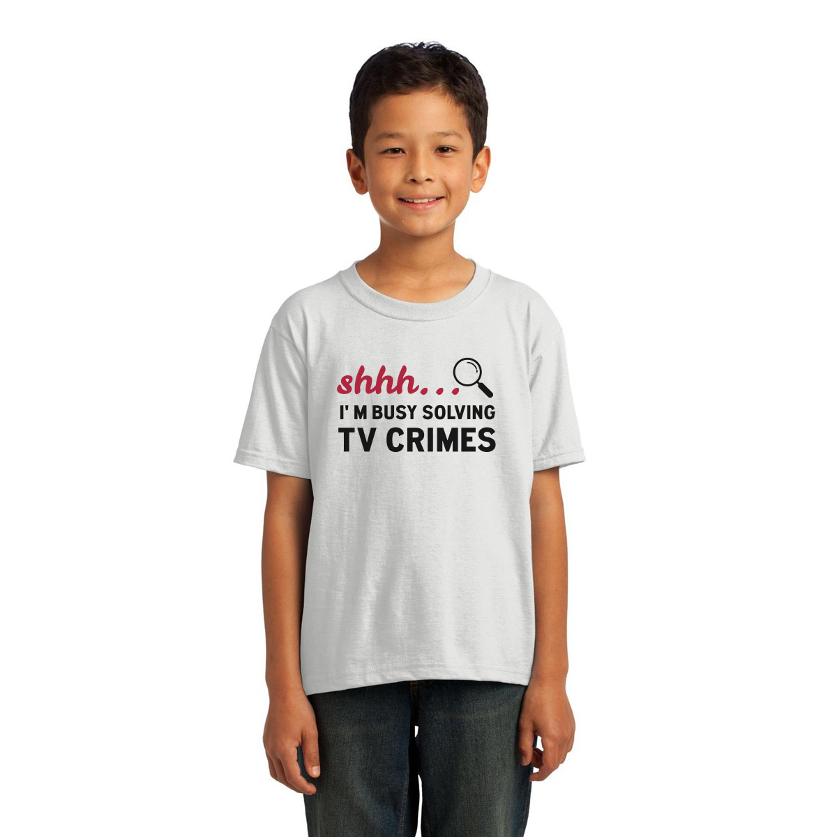 Shh I'm Busy Solving TV Crimes Kids T-shirt | White